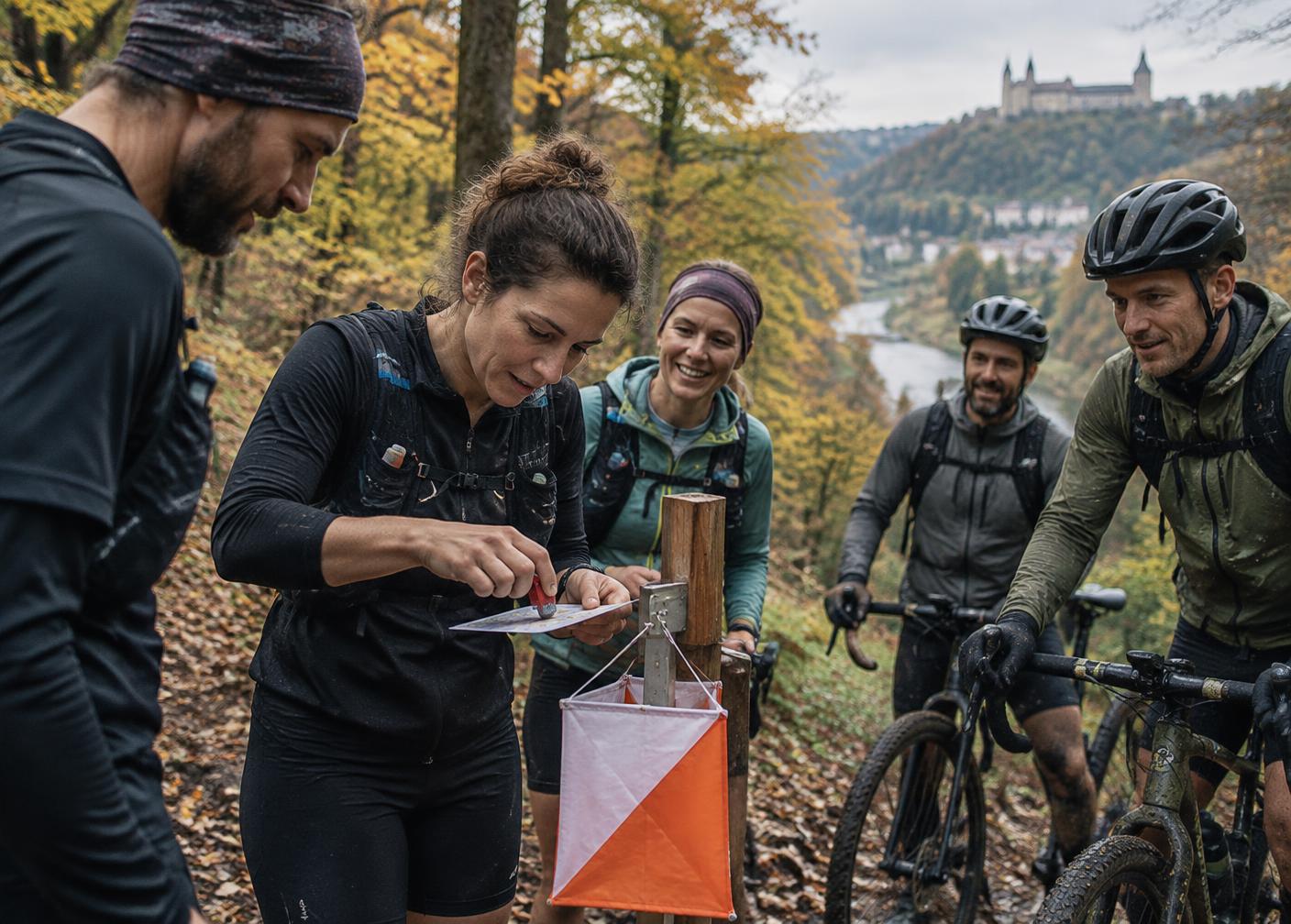 Gemischte Gruppe beim Stanzen ihrer Karte an einem Spot