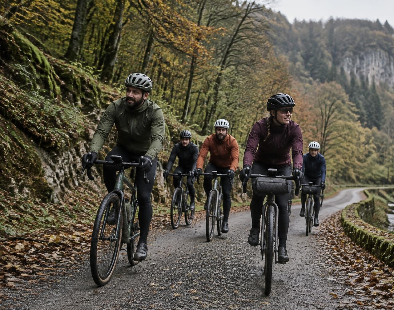 Gravelbike-Gruppe auf einem herbstlichen Waldweg